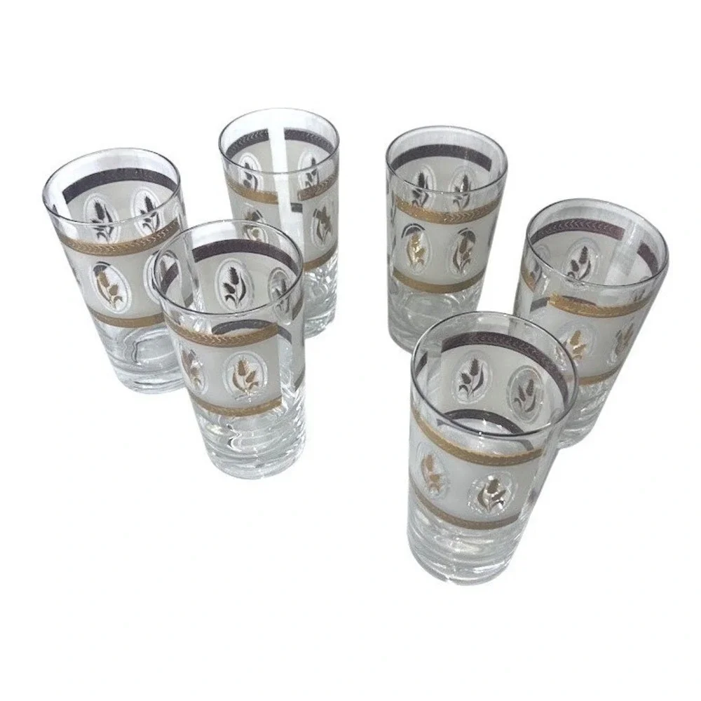 Vintage Libbey Golden Wheat Frosted‎ Highball Glasses Gold Trim Set of 6 MCM
